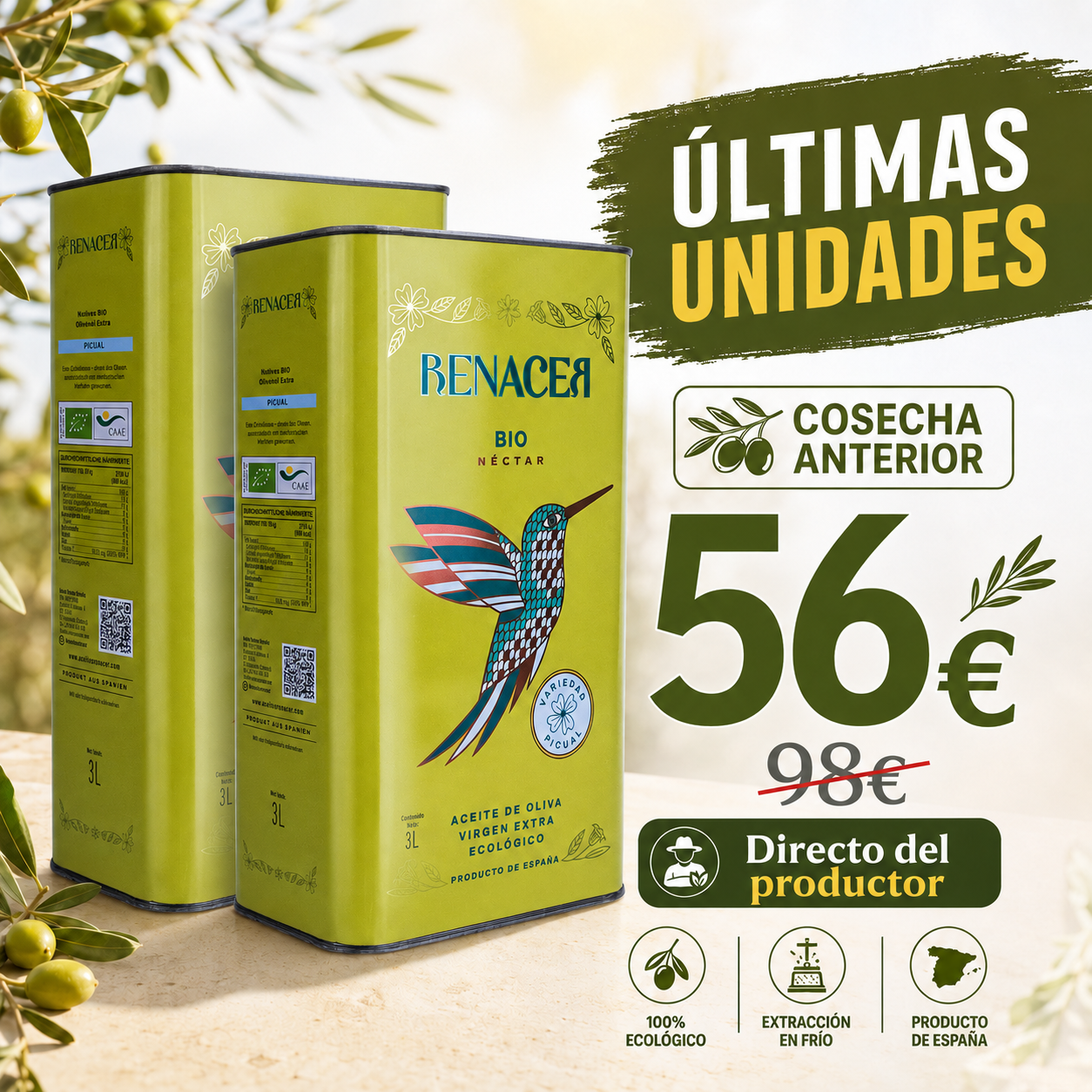 Aceite de Oliva Virgen Extra Ecológico Picual de Córdoba - Lata 3L Cosecha Anterior ¡ÚLTIMAS UNIDADES!