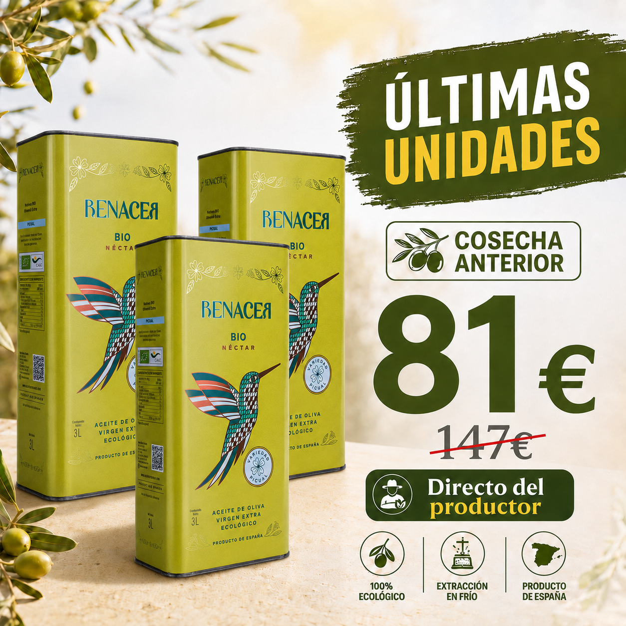 Aceite de Oliva Virgen Extra Ecológico Picual de Córdoba - Lata 3L Cosecha Anterior ¡ÚLTIMAS UNIDADES!