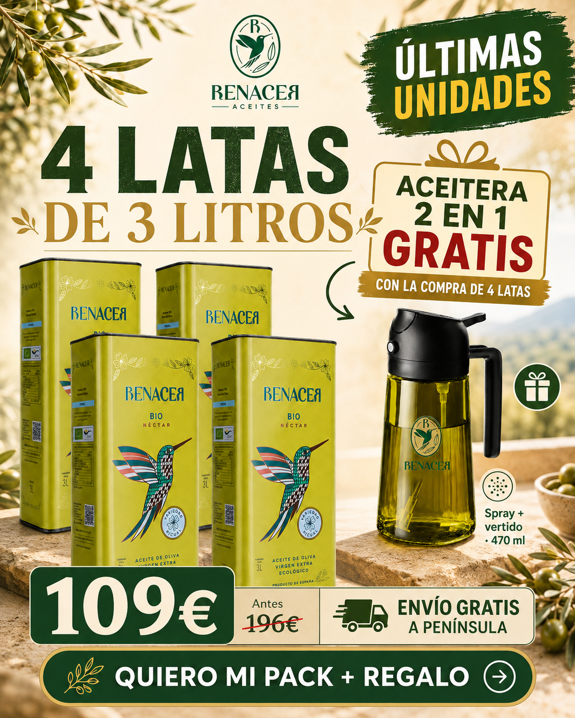 Aceite de Oliva Virgen Extra Ecológico Picual de Córdoba - Lata 3L Cosecha Anterior ¡ÚLTIMAS UNIDADES!