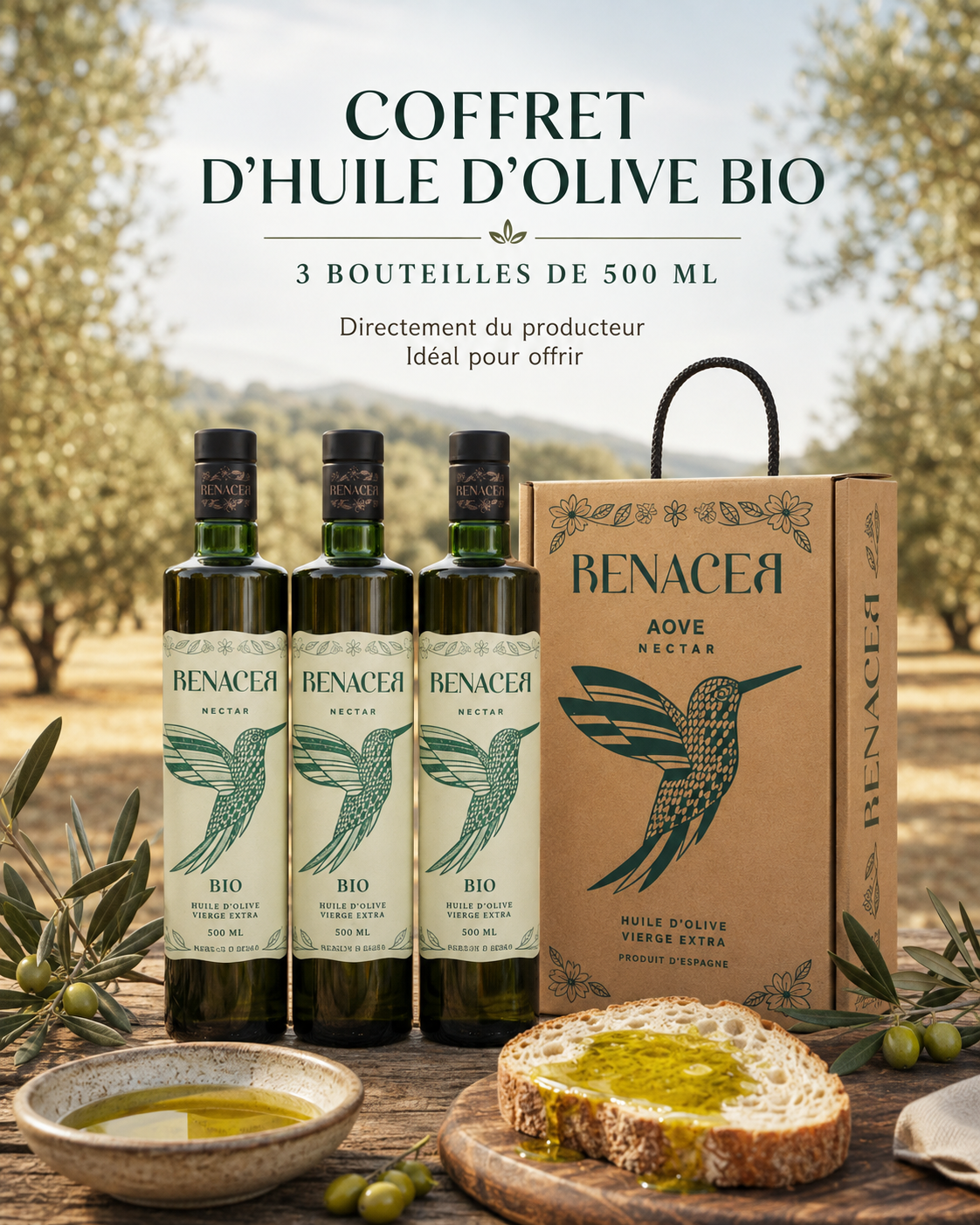 Estuche Regalo AOVE Picual Ecológico – 3 Botellas 500 ml | Aceites Renacer