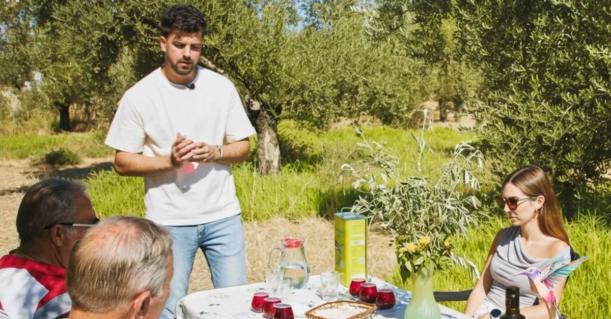 Visitantes disfrutando de cata de aceite de oliva virgen extra ecológico en Córdoba