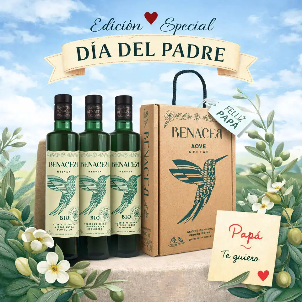 Estuche regalo Día del Padre con 3 botellas de aceite de oliva virgen extra ecológico Renacer 500 ml
