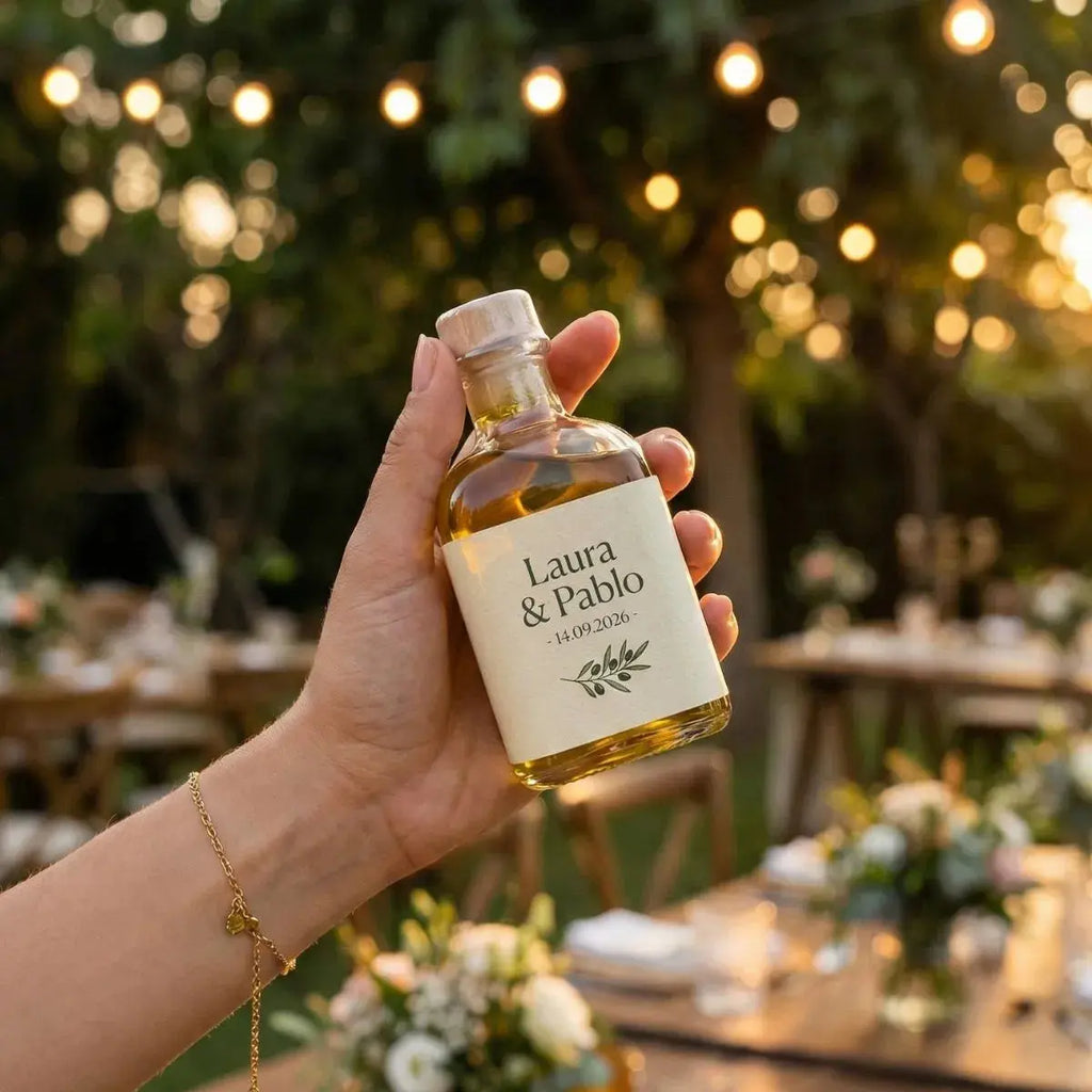 Etiqueta personalizada con nombres y fecha de los novios en frasca de AOVE ecológico para boda