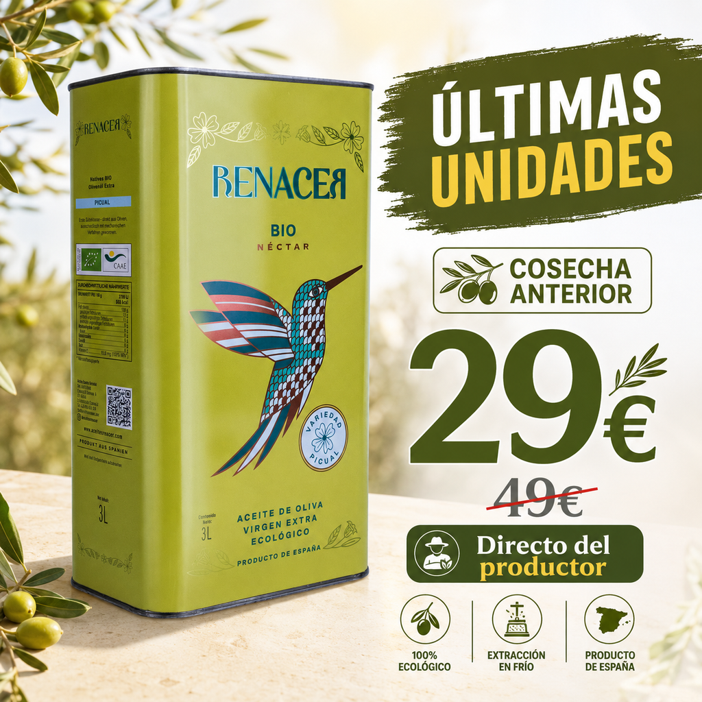 Aceite de Oliva Virgen Extra Ecológico Picual de Córdoba - Lata 3L Cosecha Anterior ¡ÚLTIMAS UNIDADES!