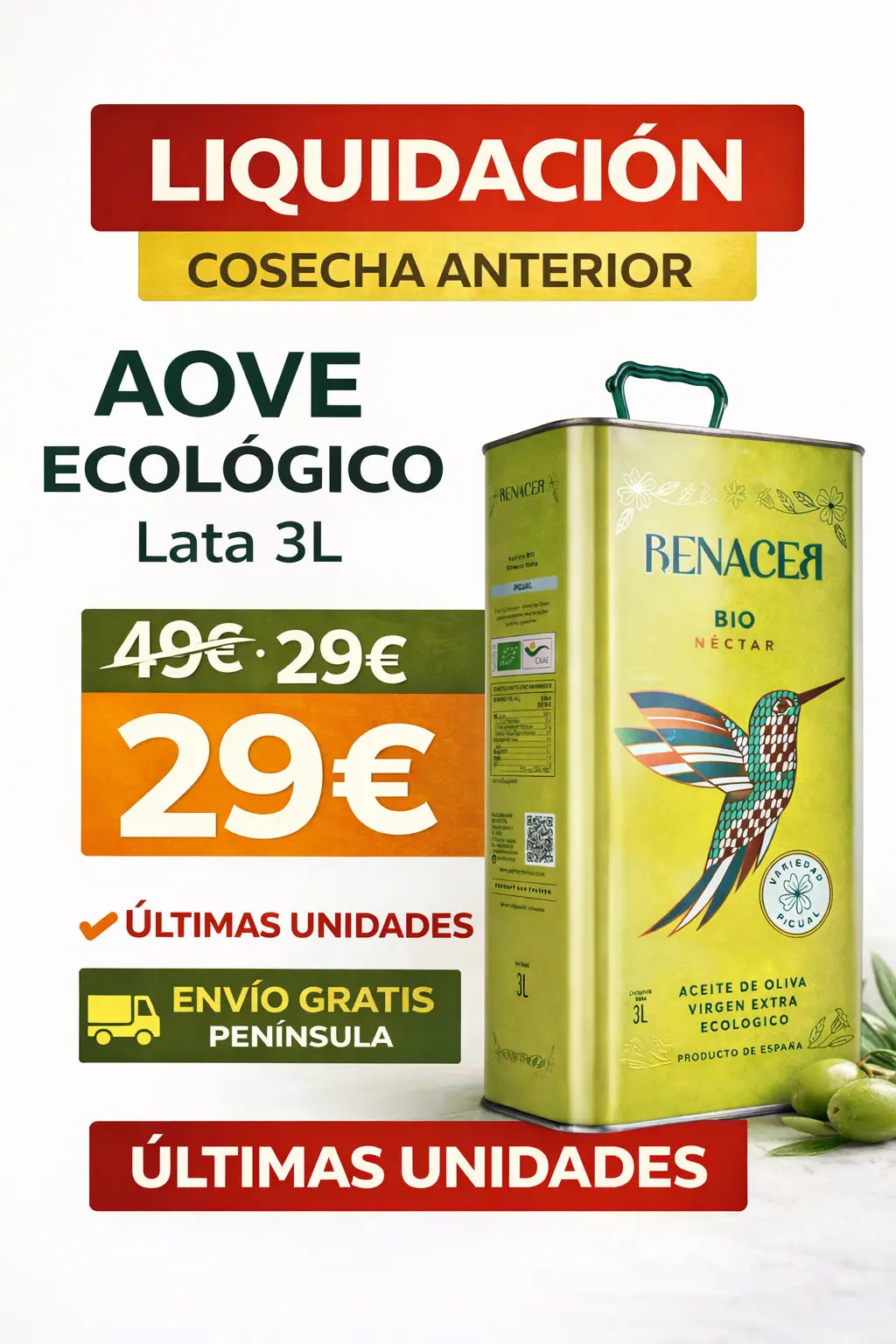 🔥 Últimas Latas 3L AOVE Ecológico – Cosecha Anterior (Precio Especial)