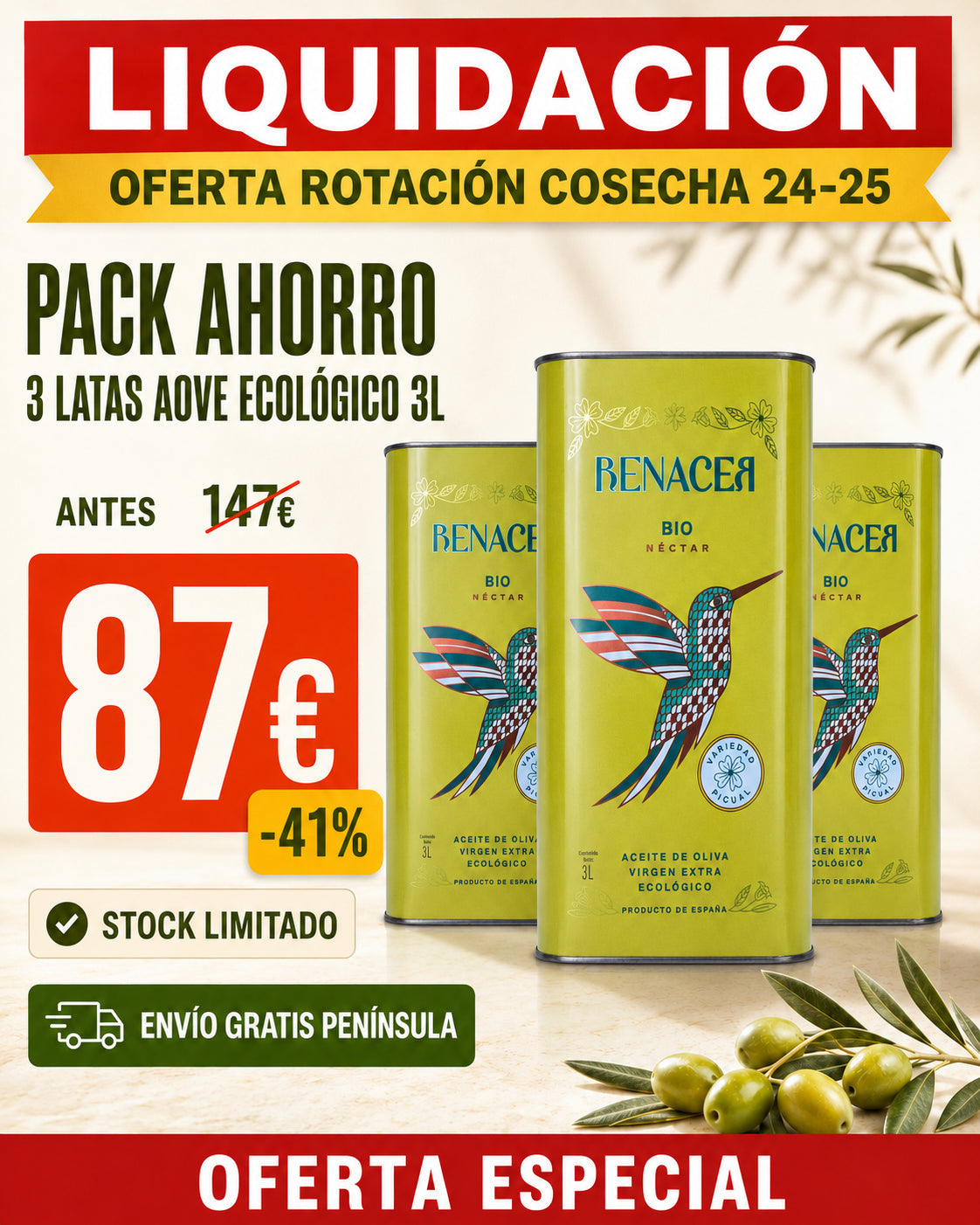 Pack 3 latas AOVE Picual ecológico Cosecha 24-25 - Oferta 87€ - Aceites Renacer