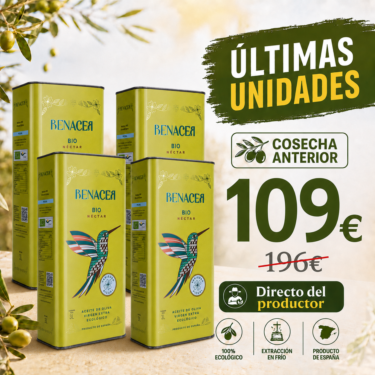 Aceite de Oliva Virgen Extra Ecológico Picual de Córdoba - Lata 3L Cosecha Anterior ¡ÚLTIMAS UNIDADES!