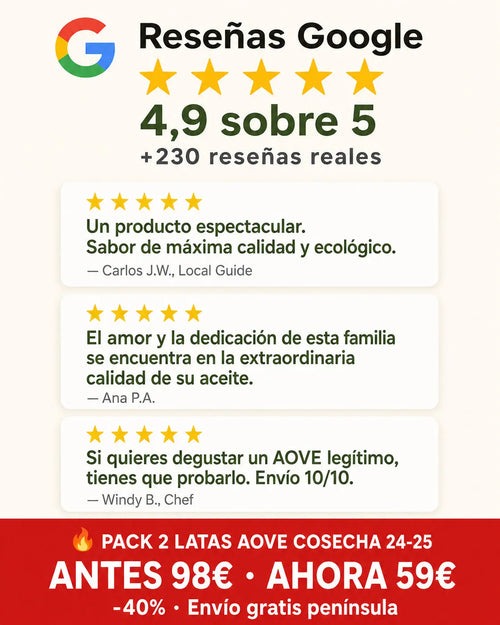 +230 reseñas Google 4,9 estrellas AOVE Picual Renacer - Pack 2 latas oferta 59€