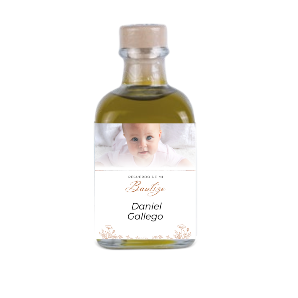 Frasca de aceite AOVE como detalle de bautizo original personalizado