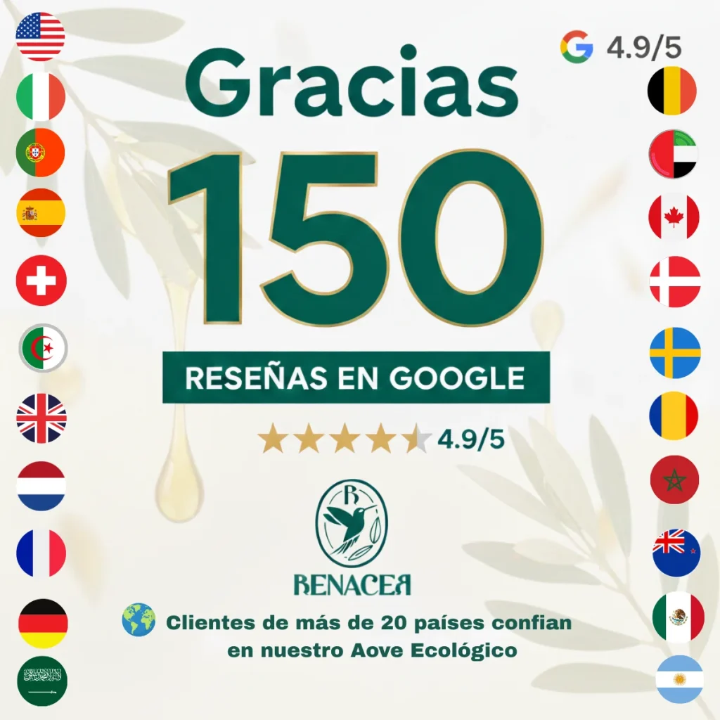 150 reseñas en Google con valoración 4.9/5 de Aceite de Oliva Virgen Extra Ecológico Renacer, clientes en más de 20 países